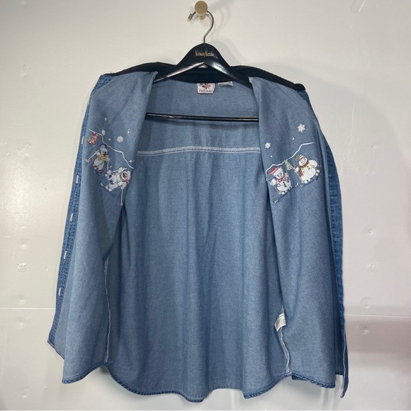 Nut Cracker Snowman Button Up Shirt Women’s Large Graphic Denim Long Sleeve VTG - Picture 7 of 16